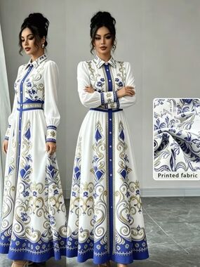 White & Blue Printed Long Sleeve Maxi Dress